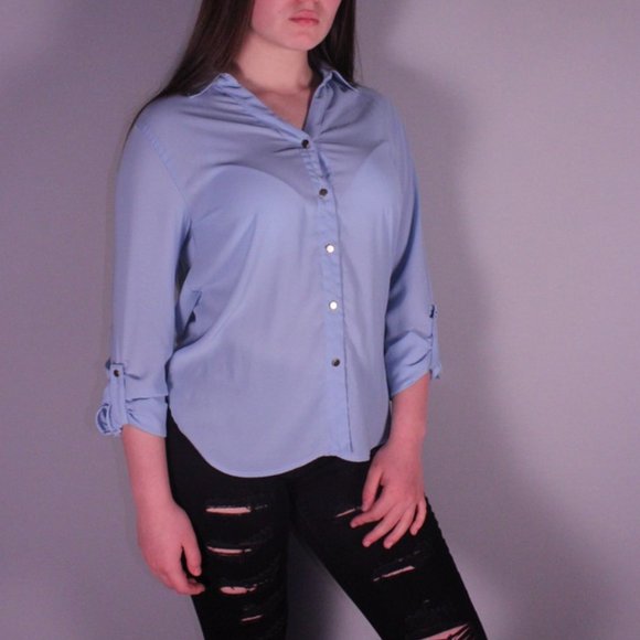 Light Blue Button Down Blouse - Picture 1 of 6